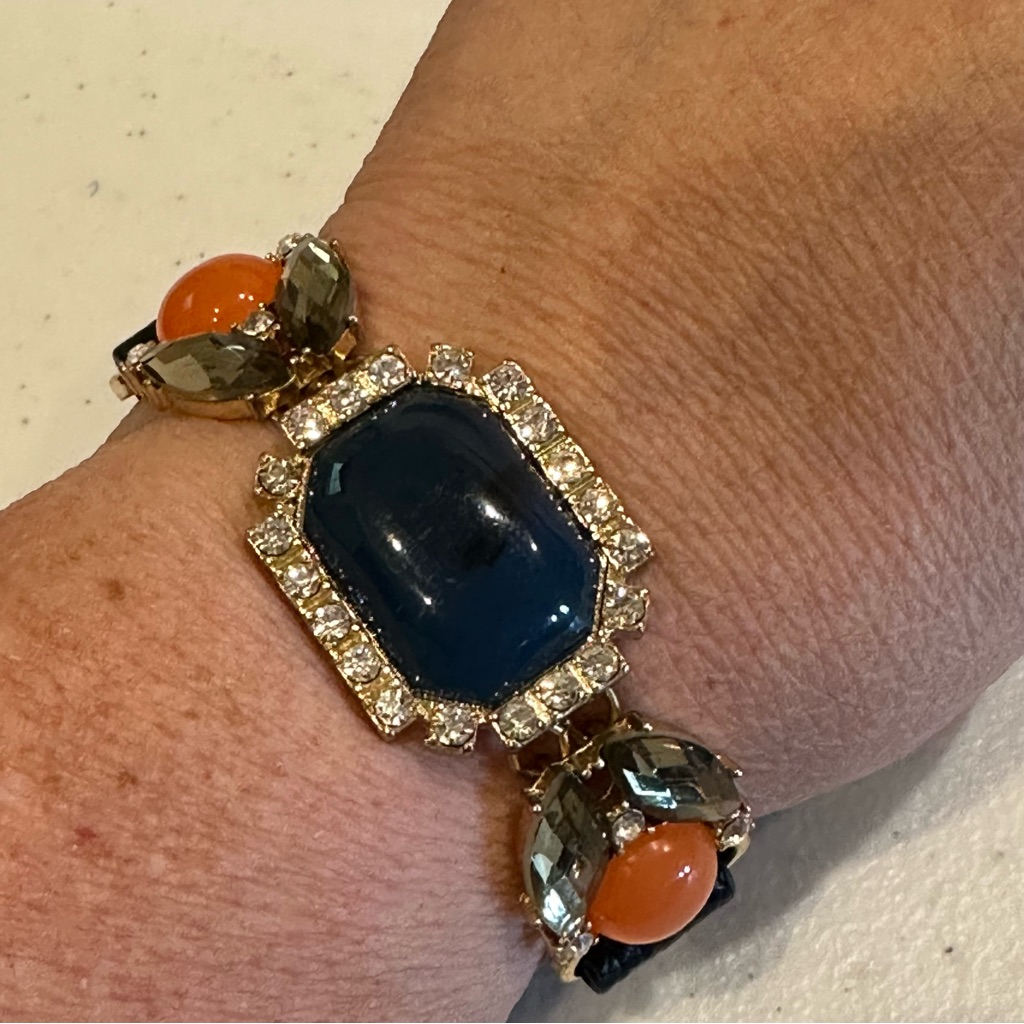 Natasha Bracelet- Brown Leather W Jewels- Navy Blue Orange Clear Rhinestones 25$